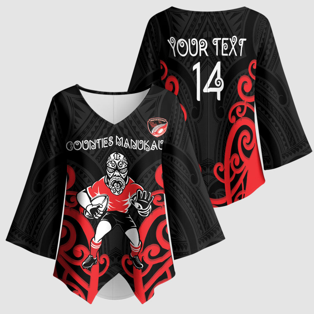 Counties Manukau Custom Rugby New Zealand Kimono Sleeve Blouse Aotearoa Maori Pukana Tiki Mascot