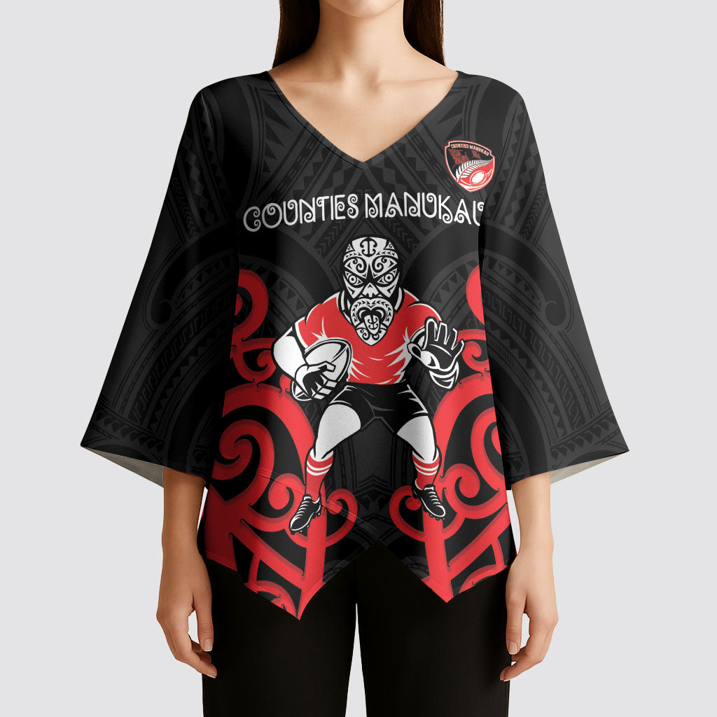 Counties Manukau Custom Rugby New Zealand Kimono Sleeve Blouse Aotearoa Maori Pukana Tiki Mascot