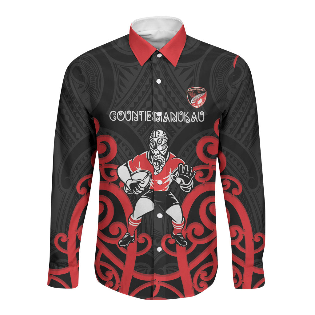 Counties Manukau Custom Rugby New Zealand Long Sleeve Button Shirt Aotearoa Maori Pukana Tiki Mascot