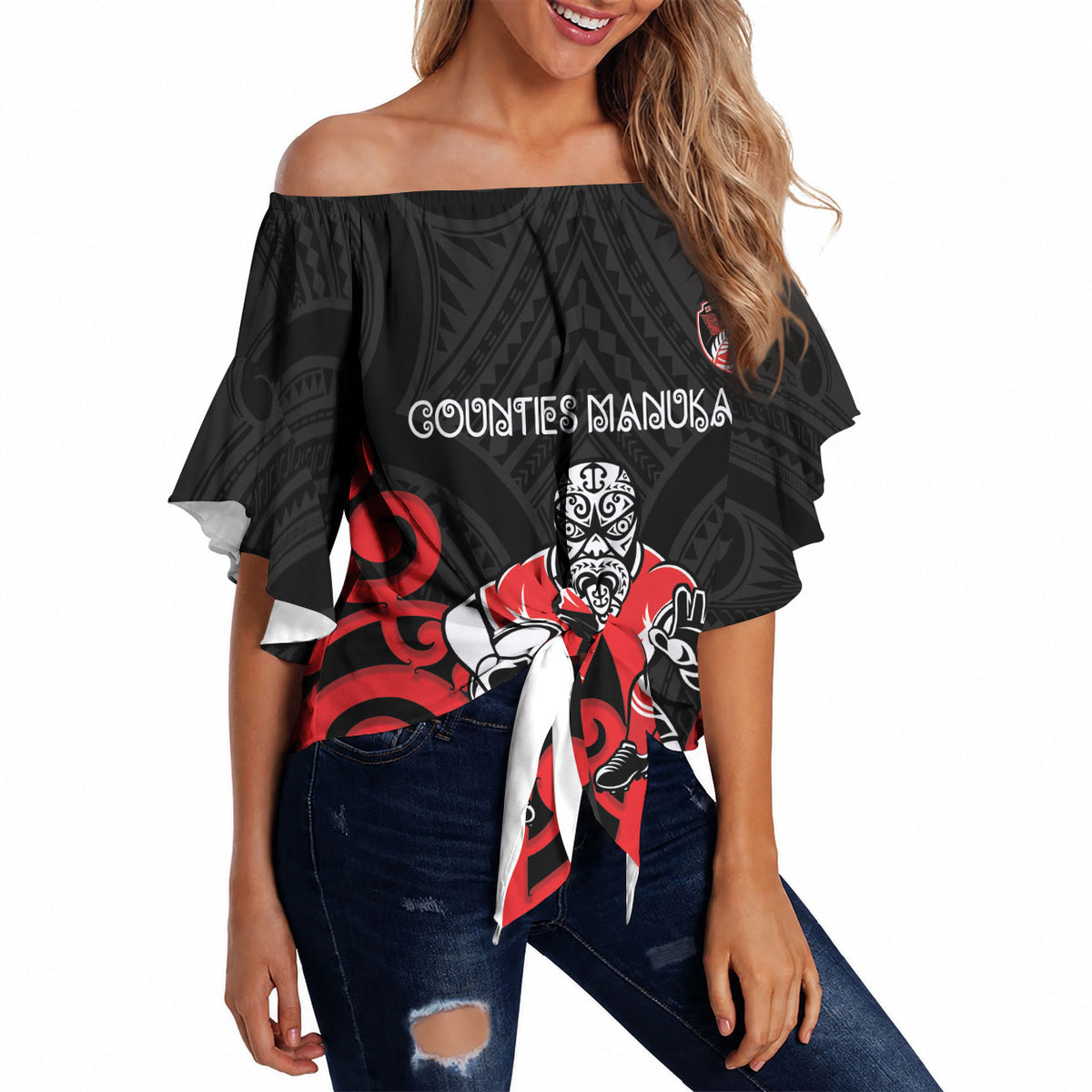 Counties Manukau Custom Rugby New Zealand Off Shoulder Wrap Waist Top Aotearoa Maori Pukana Tiki Mascot