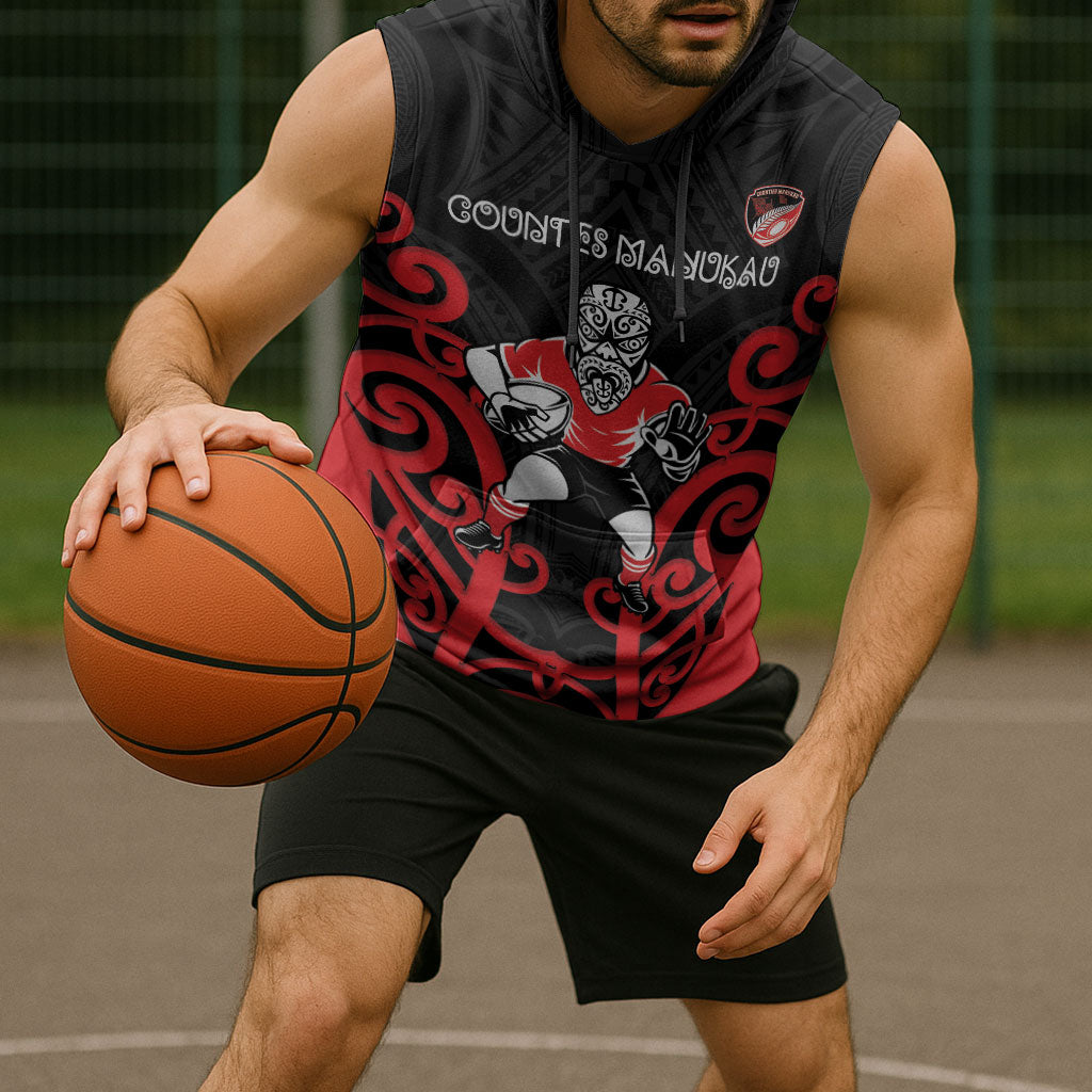 Counties Manukau Custom Rugby New Zealand Sleeveless Hoodie Aotearoa Maori Pukana Tiki Mascot