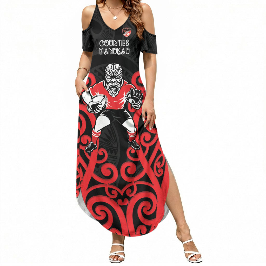 Counties Manukau Custom Rugby New Zealand Summer Maxi Dress Aotearoa Maori Pukana Tiki Mascot