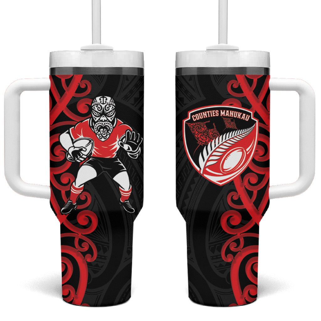 Counties Manukau Custom Rugby New Zealand Tumbler With Handle Aotearoa Maori Pukana Tiki Mascot