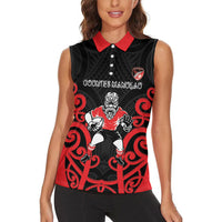 Counties Manukau Custom Rugby New Zealand Women Sleeveless Polo Shirt Aotearoa Maori Pukana Tiki Mascot