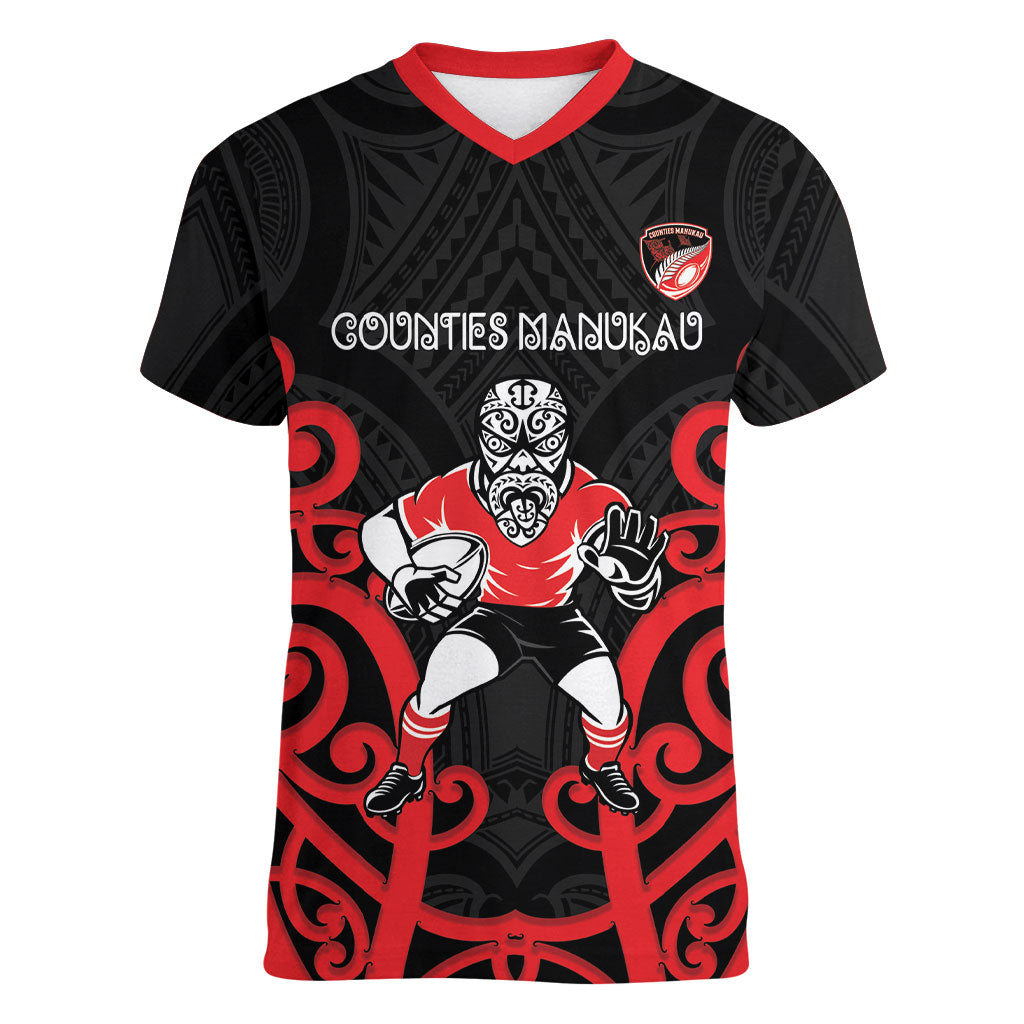 Counties Manukau Custom Rugby New Zealand Women V-Neck T-Shirt Aotearoa Maori Pukana Tiki Mascot