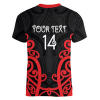 Counties Manukau Custom Rugby New Zealand Women V-Neck T-Shirt Aotearoa Maori Pukana Tiki Mascot
