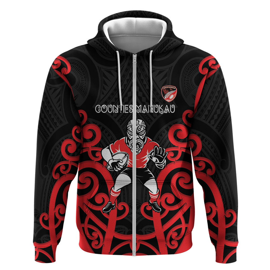 Counties Manukau Custom Rugby New Zealand Zip Hoodie Aotearoa Maori Pukana Tiki Mascot