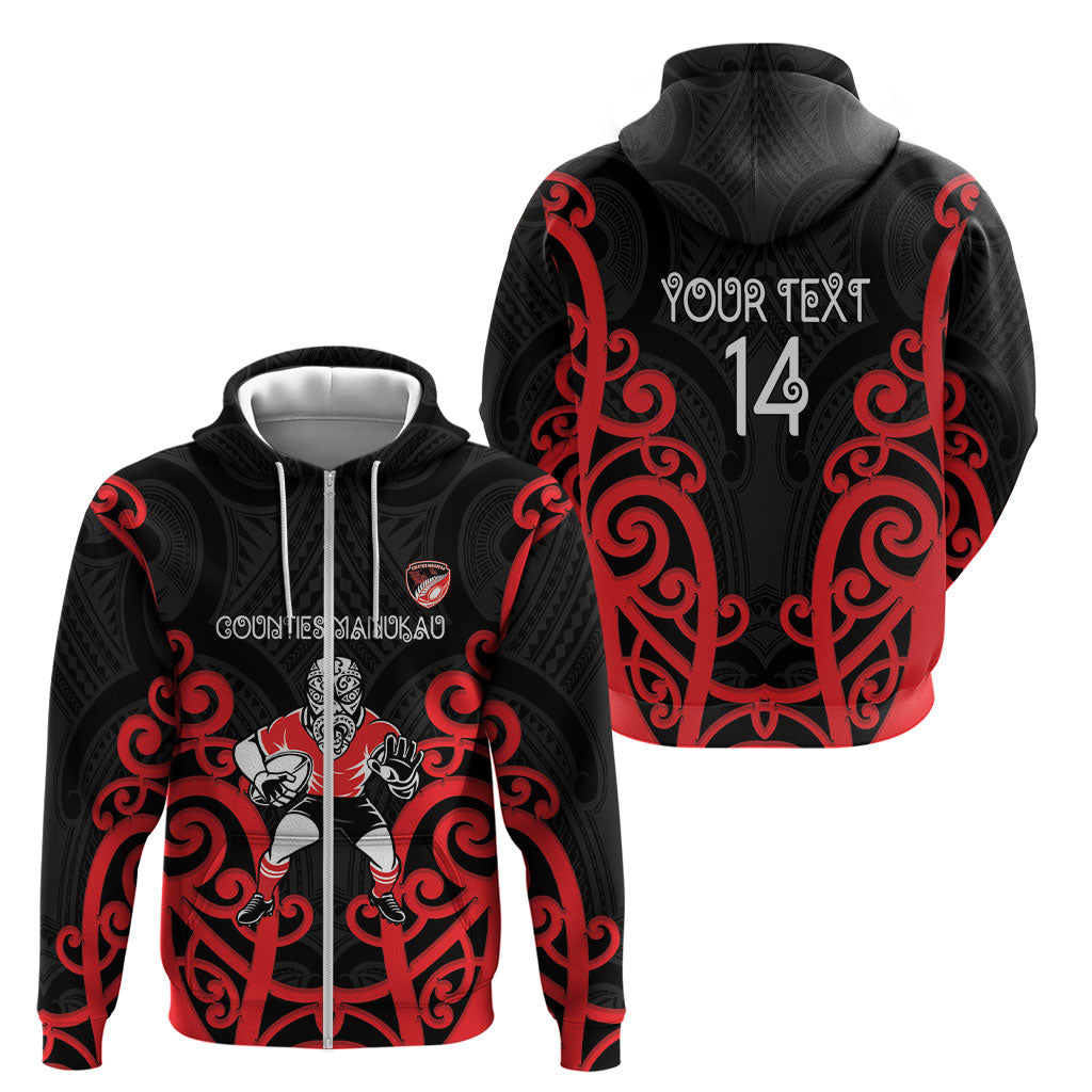 Counties Manukau Custom Rugby New Zealand Zip Hoodie Aotearoa Maori Pukana Tiki Mascot