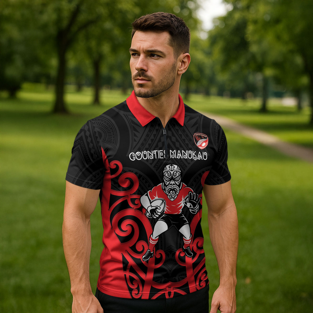 Counties Manukau Custom Rugby New Zealand Zipper Polo Shirt Aotearoa Maori Pukana Tiki Mascot