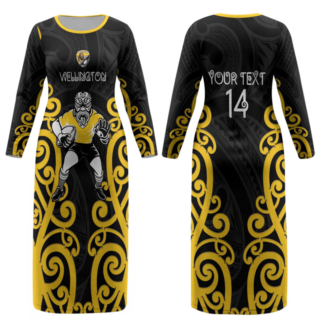 Wellington Custom Rugby New Zealand Couples Matching Long Sleeve Bodycon Dress and Long Sleeve Button Shirt Aotearoa Maori Pukana Tiki Mascot
