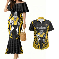 Wellington Custom Rugby New Zealand Couples Matching Mermaid Dress and Hawaiian Shirt Aotearoa Maori Pukana Tiki Mascot