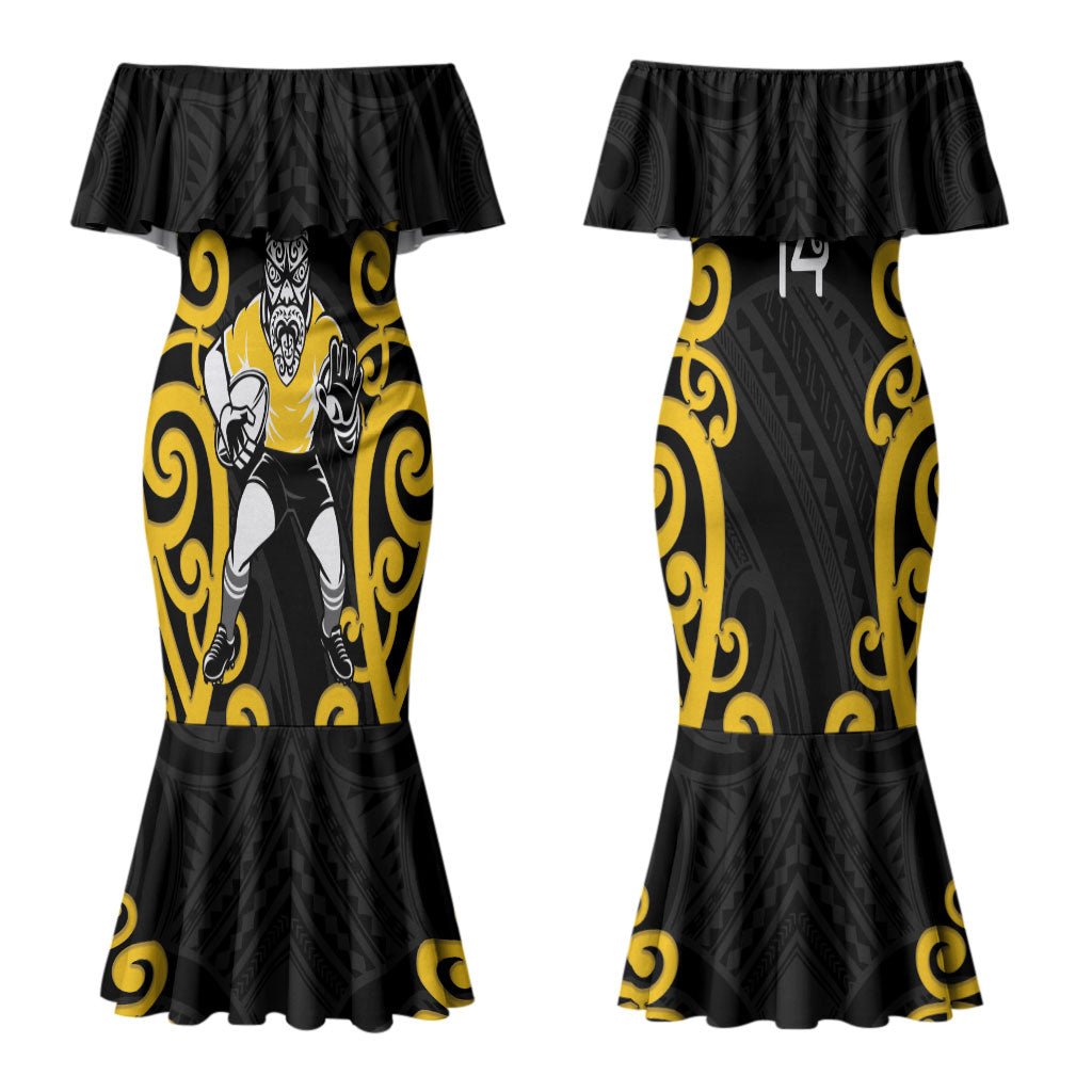 Wellington Custom Rugby New Zealand Couples Matching Mermaid Dress and Long Sleeve Button Shirt Aotearoa Maori Pukana Tiki Mascot
