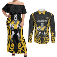 Wellington Custom Rugby New Zealand Couples Matching Off Shoulder Maxi Dress and Long Sleeve Button Shirt Aotearoa Maori Pukana Tiki Mascot