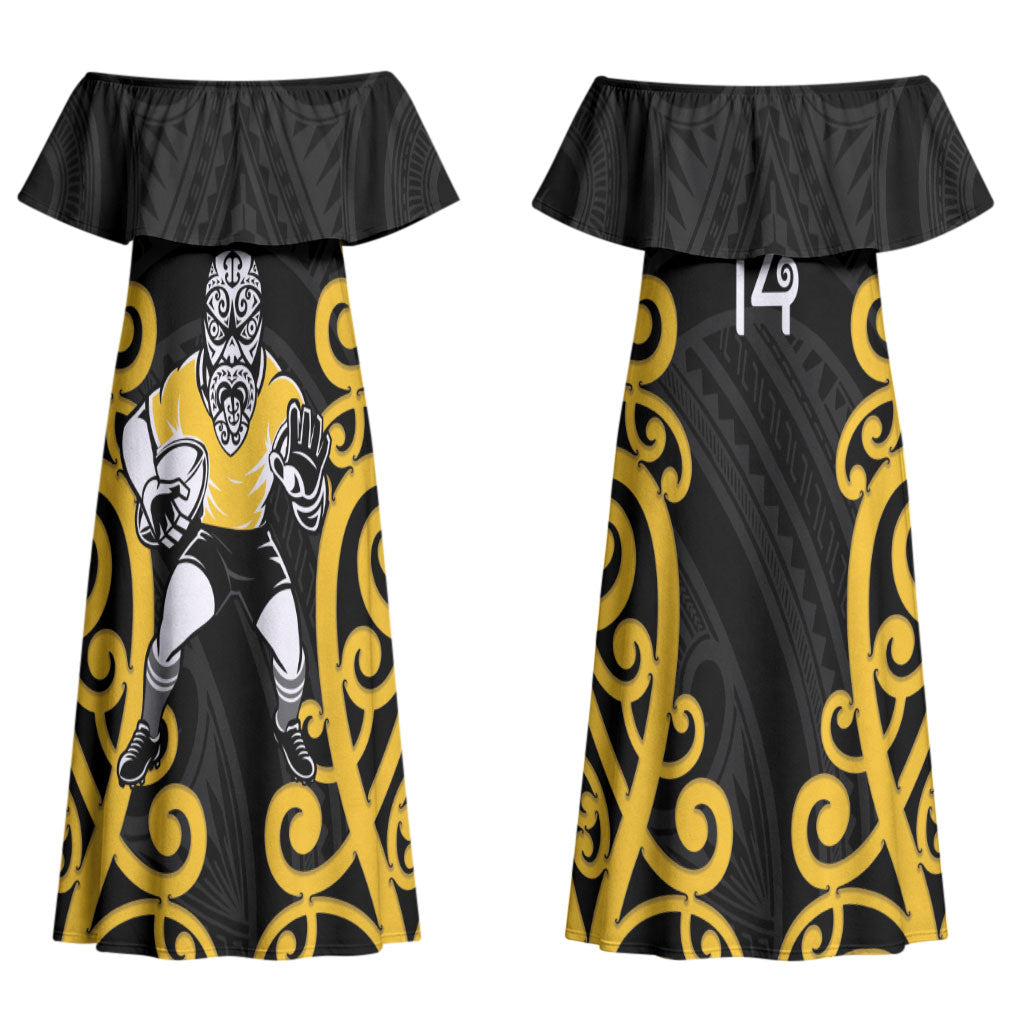 Wellington Custom Rugby New Zealand Couples Matching Off Shoulder Maxi Dress and Long Sleeve Button Shirt Aotearoa Maori Pukana Tiki Mascot