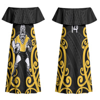 Wellington Custom Rugby New Zealand Couples Matching Off Shoulder Maxi Dress and Long Sleeve Button Shirt Aotearoa Maori Pukana Tiki Mascot