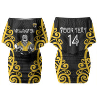 Wellington Custom Rugby New Zealand Couples Matching Off Shoulder Short Dress and Long Sleeve Button Shirt Aotearoa Maori Pukana Tiki Mascot