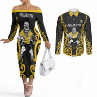 Wellington Custom Rugby New Zealand Couples Matching Off The Shoulder Long Sleeve Dress and Long Sleeve Button Shirt Aotearoa Maori Pukana Tiki Mascot