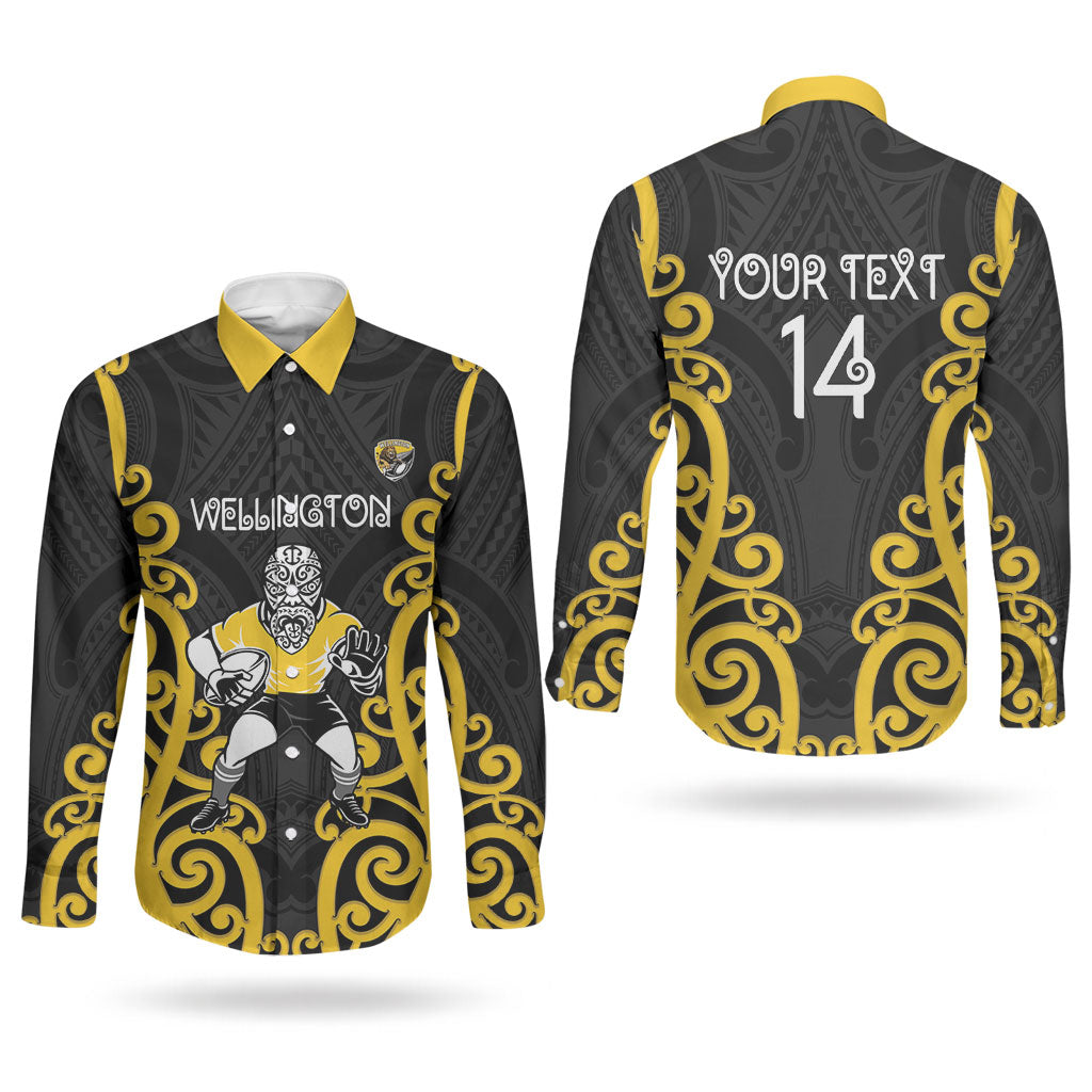 Wellington Custom Rugby New Zealand Couples Matching Puletasi and Long Sleeve Button Shirt Aotearoa Maori Pukana Tiki Mascot
