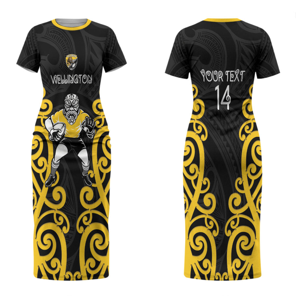 Wellington Custom Rugby New Zealand Couples Matching Short Sleeve Bodycon Dress and Hawaiian Shirt Aotearoa Maori Pukana Tiki Mascot
