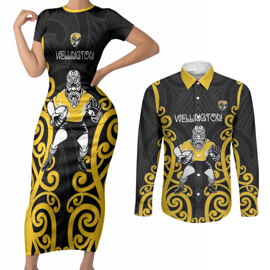 Wellington Custom Rugby New Zealand Couples Matching Short Sleeve Bodycon Dress and Long Sleeve Button Shirt Aotearoa Maori Pukana Tiki Mascot