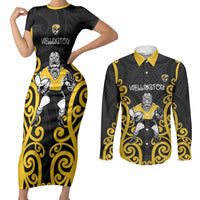 Wellington Custom Rugby New Zealand Couples Matching Short Sleeve Bodycon Dress and Long Sleeve Button Shirt Aotearoa Maori Pukana Tiki Mascot