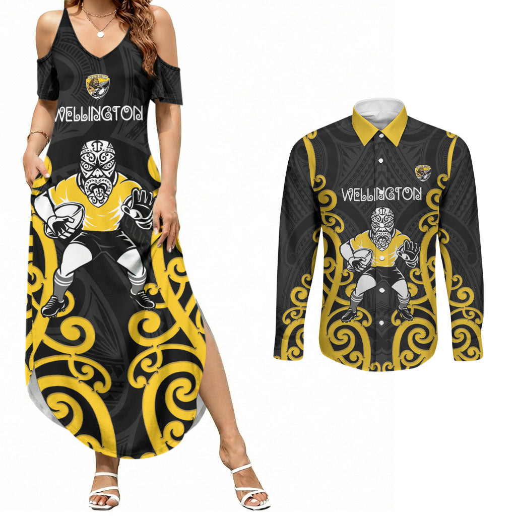 Wellington Custom Rugby New Zealand Couples Matching Summer Maxi Dress and Long Sleeve Button Shirt Aotearoa Maori Pukana Tiki Mascot