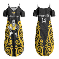 Wellington Custom Rugby New Zealand Couples Matching Summer Maxi Dress and Long Sleeve Button Shirt Aotearoa Maori Pukana Tiki Mascot