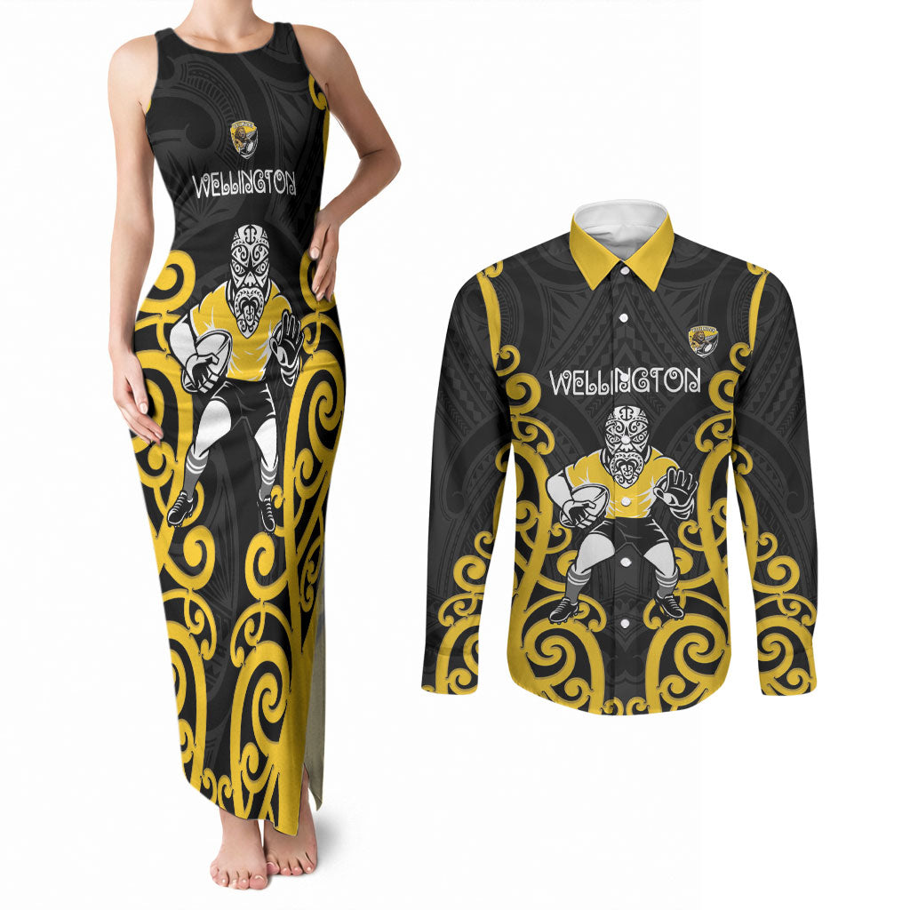 Wellington Custom Rugby New Zealand Couples Matching Tank Maxi Dress and Long Sleeve Button Shirt Aotearoa Maori Pukana Tiki Mascot