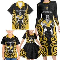 Wellington Custom Rugby New Zealand Family Matching Long Sleeve Bodycon Dress and Hawaiian Shirt Aotearoa Maori Pukana Tiki Mascot
