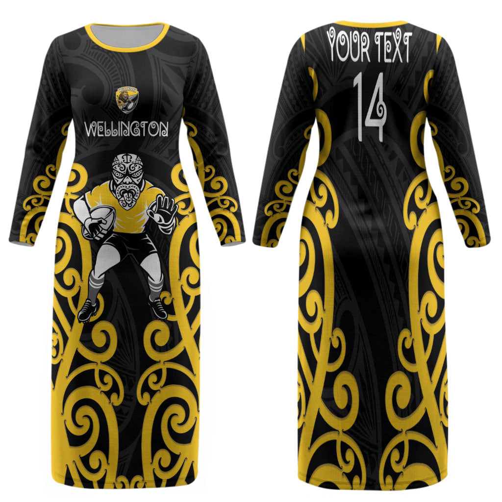 Wellington Custom Rugby New Zealand Family Matching Long Sleeve Bodycon Dress and Hawaiian Shirt Aotearoa Maori Pukana Tiki Mascot