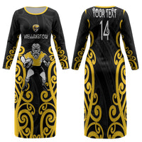 Wellington Custom Rugby New Zealand Family Matching Long Sleeve Bodycon Dress and Hawaiian Shirt Aotearoa Maori Pukana Tiki Mascot