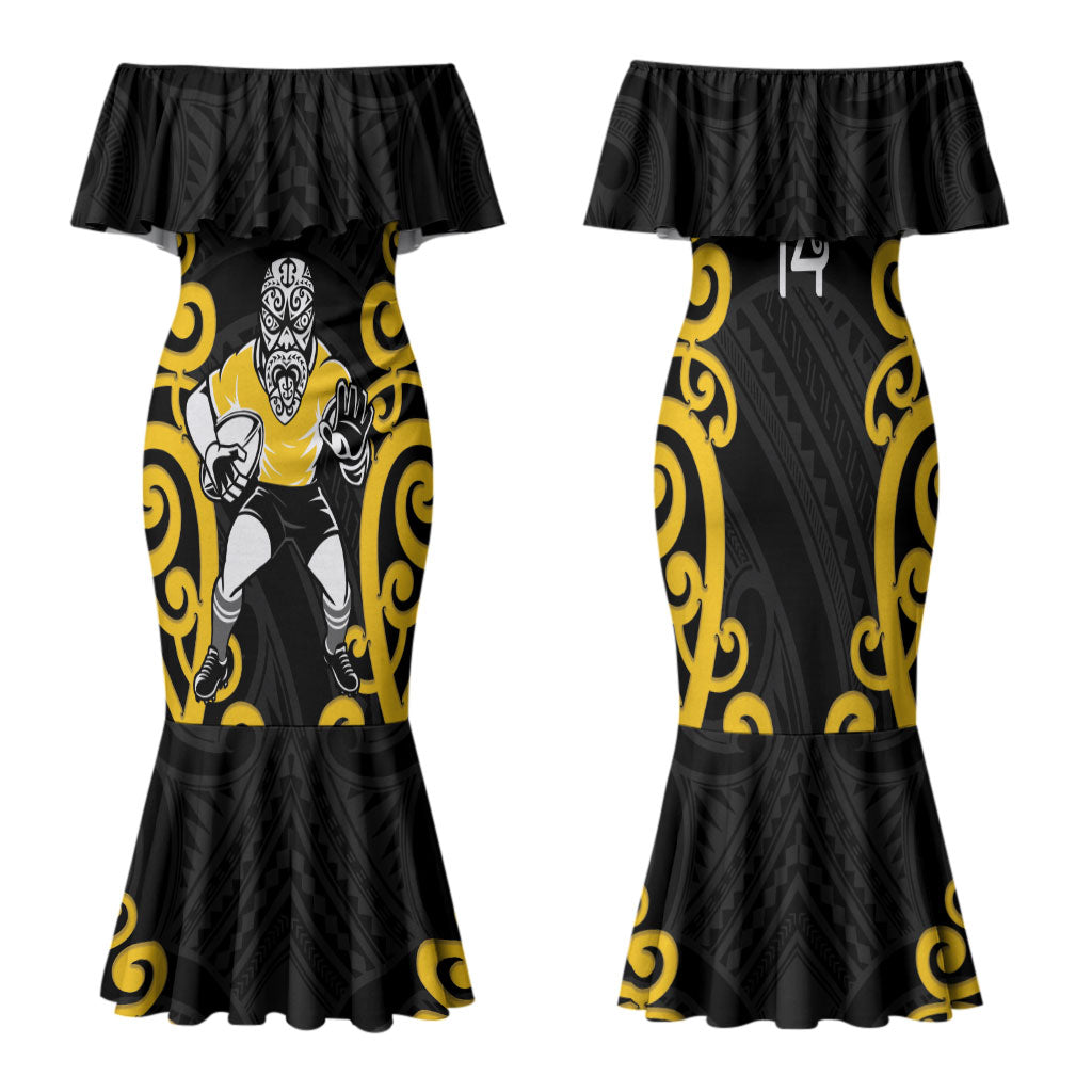 Wellington Custom Rugby New Zealand Family Matching Mermaid Dress and Hawaiian Shirt Aotearoa Maori Pukana Tiki Mascot