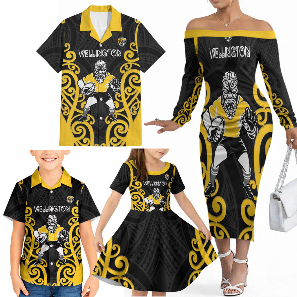 Wellington Custom Rugby New Zealand Family Matching Off The Shoulder Long Sleeve Dress and Hawaiian Shirt Aotearoa Maori Pukana Tiki Mascot