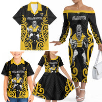 Wellington Custom Rugby New Zealand Family Matching Off The Shoulder Long Sleeve Dress and Hawaiian Shirt Aotearoa Maori Pukana Tiki Mascot