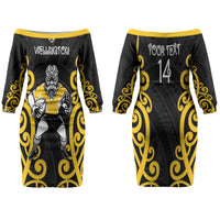 Wellington Custom Rugby New Zealand Family Matching Off The Shoulder Long Sleeve Dress and Hawaiian Shirt Aotearoa Maori Pukana Tiki Mascot