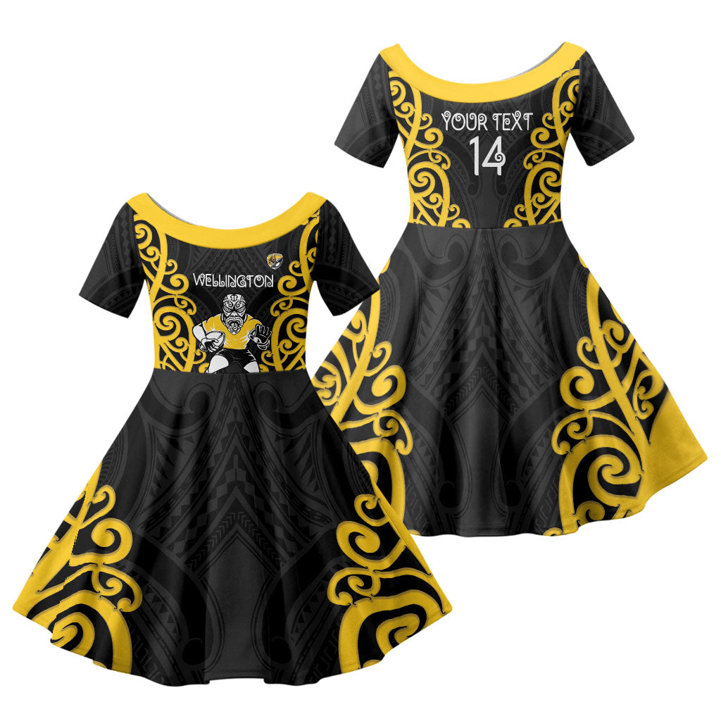 Wellington Custom Rugby New Zealand Family Matching Off The Shoulder Long Sleeve Dress and Hawaiian Shirt Aotearoa Maori Pukana Tiki Mascot