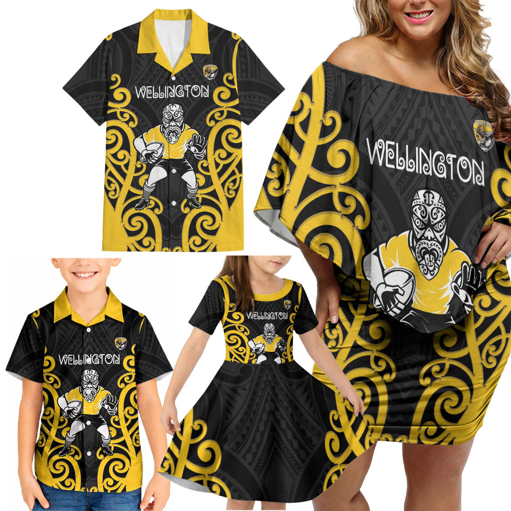 Wellington Custom Rugby New Zealand Family Matching Off Shoulder Short Dress and Hawaiian Shirt Aotearoa Maori Pukana Tiki Mascot