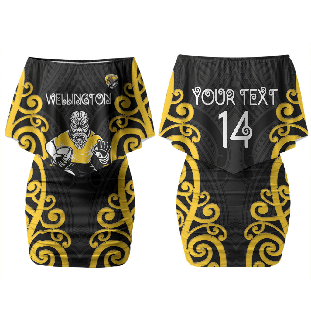 Wellington Custom Rugby New Zealand Family Matching Off Shoulder Short Dress and Hawaiian Shirt Aotearoa Maori Pukana Tiki Mascot