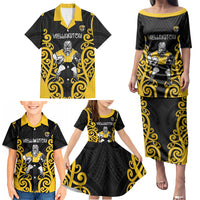 Wellington Custom Rugby New Zealand Family Matching Puletasi and Hawaiian Shirt Aotearoa Maori Pukana Tiki Mascot