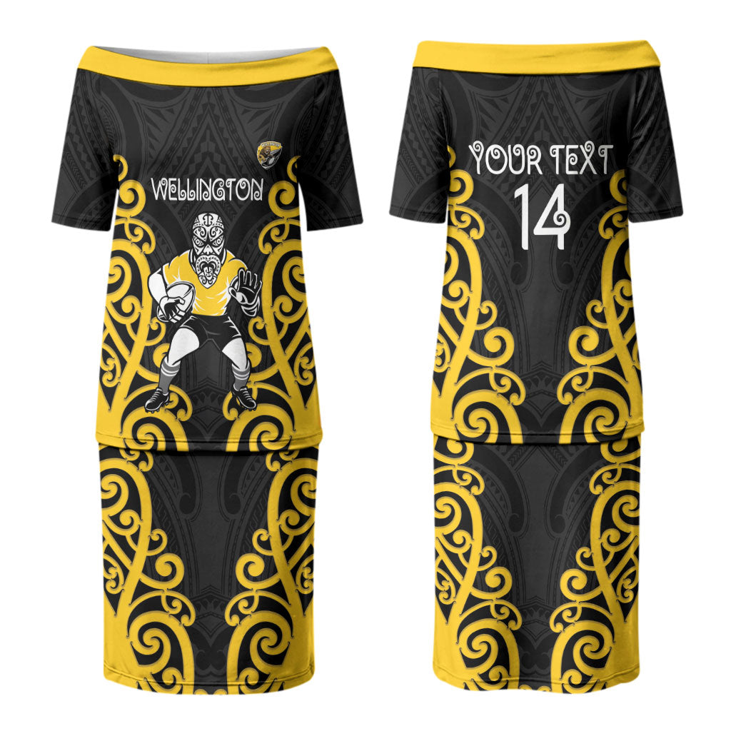 Wellington Custom Rugby New Zealand Family Matching Puletasi and Hawaiian Shirt Aotearoa Maori Pukana Tiki Mascot