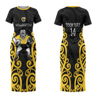 Wellington Custom Rugby New Zealand Family Matching Short Sleeve Bodycon Dress and Hawaiian Shirt Aotearoa Maori Pukana Tiki Mascot
