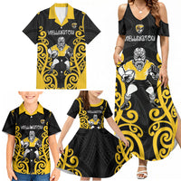 Wellington Custom Rugby New Zealand Family Matching Summer Maxi Dress and Hawaiian Shirt Aotearoa Maori Pukana Tiki Mascot