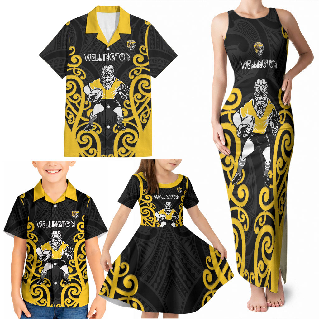 Wellington Custom Rugby New Zealand Family Matching Tank Maxi Dress and Hawaiian Shirt Aotearoa Maori Pukana Tiki Mascot