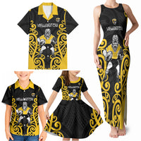 Wellington Custom Rugby New Zealand Family Matching Tank Maxi Dress and Hawaiian Shirt Aotearoa Maori Pukana Tiki Mascot