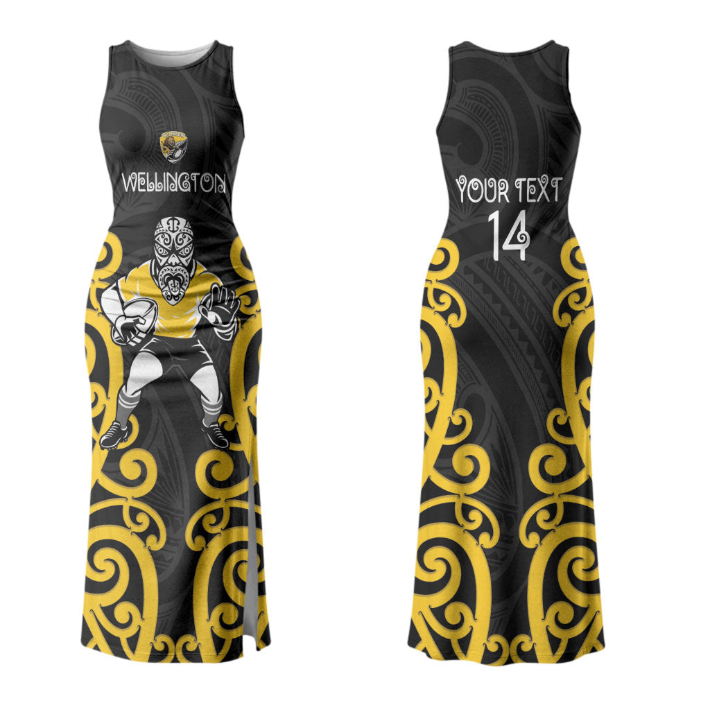 Wellington Custom Rugby New Zealand Family Matching Tank Maxi Dress and Hawaiian Shirt Aotearoa Maori Pukana Tiki Mascot