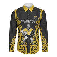 Wellington Custom Rugby New Zealand Long Sleeve Button Shirt Aotearoa Maori Pukana Tiki Mascot