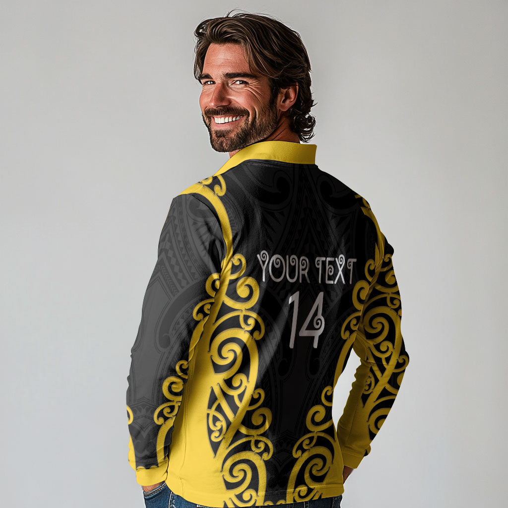 Wellington Custom Rugby New Zealand Long Sleeve Polo Shirt Aotearoa Maori Pukana Tiki Mascot