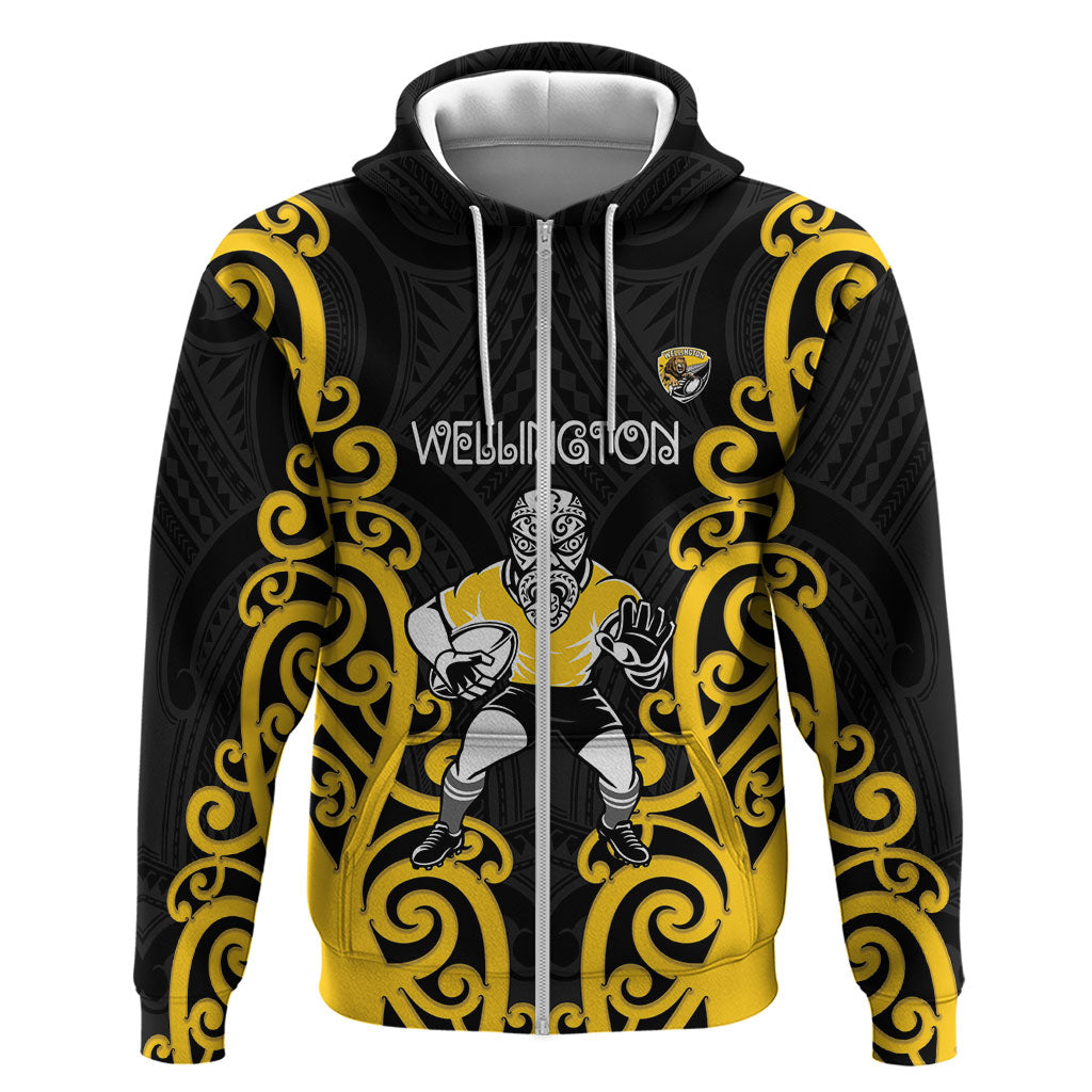 Wellington Custom Rugby New Zealand Zip Hoodie Aotearoa Maori Pukana Tiki Mascot
