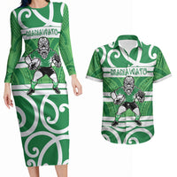 Manawatu Custom Rugby New Zealand Couples Matching Long Sleeve Bodycon Dress and Hawaiian Shirt Aotearoa Maori Pukana Tiki Mascot