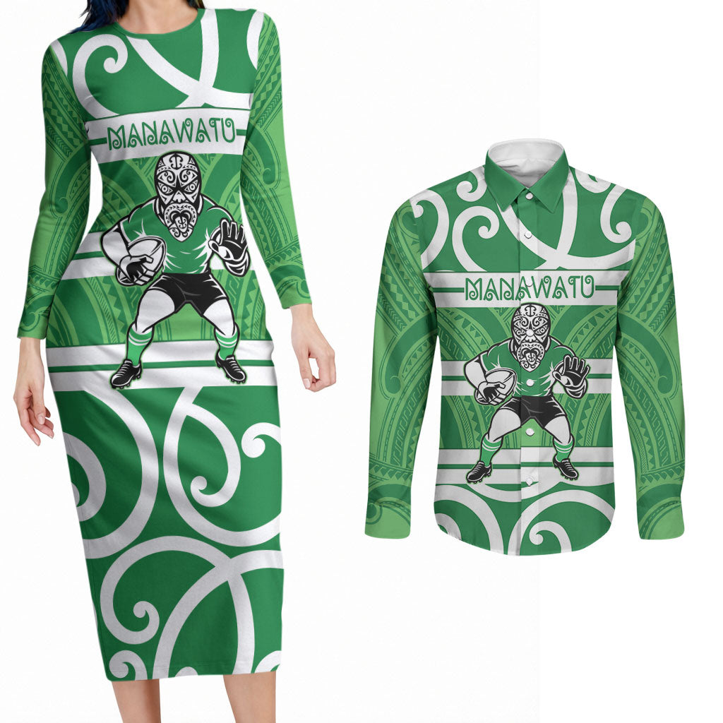 Manawatu Custom Rugby New Zealand Couples Matching Long Sleeve Bodycon Dress and Long Sleeve Button Shirt Aotearoa Maori Pukana Tiki Mascot